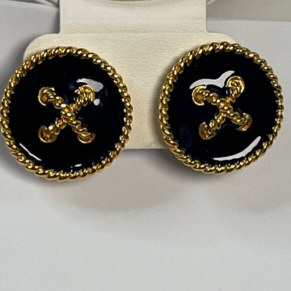 Vintage Navy Blue  & Gold Clip-On Earrings With Twisted Rope Design & Cross - Picture 1 of 4